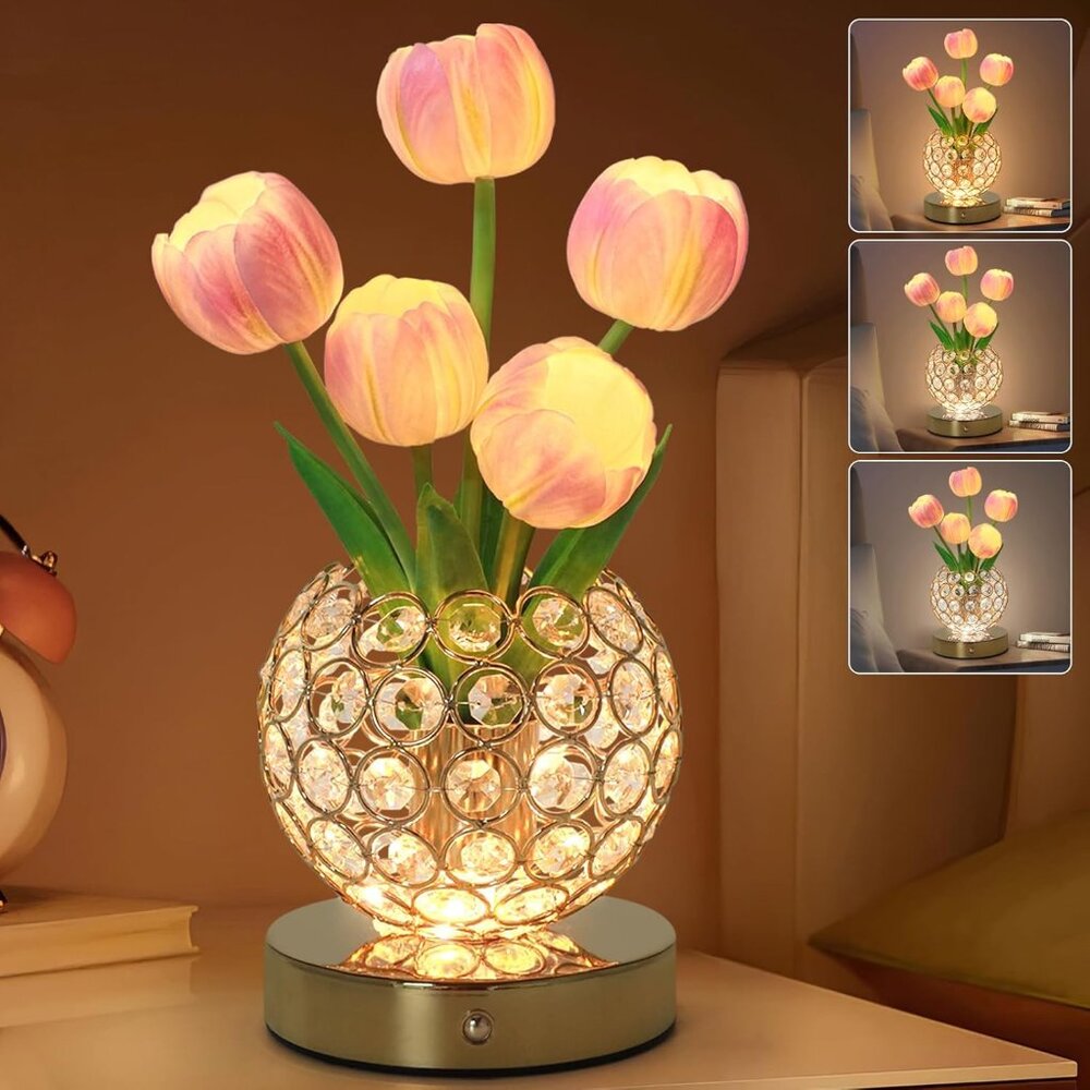 Tulip-1-Pink Crystal Lamp Artificial Stepless Flower Led Light Vase Home Decor